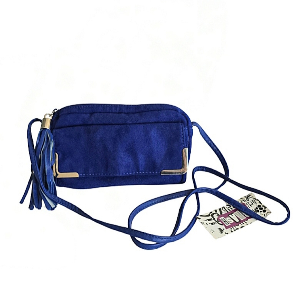 BRASH Electric Blue Faux Suede Crossbody Bag Small Shoulder Purse Tassel Y2K
